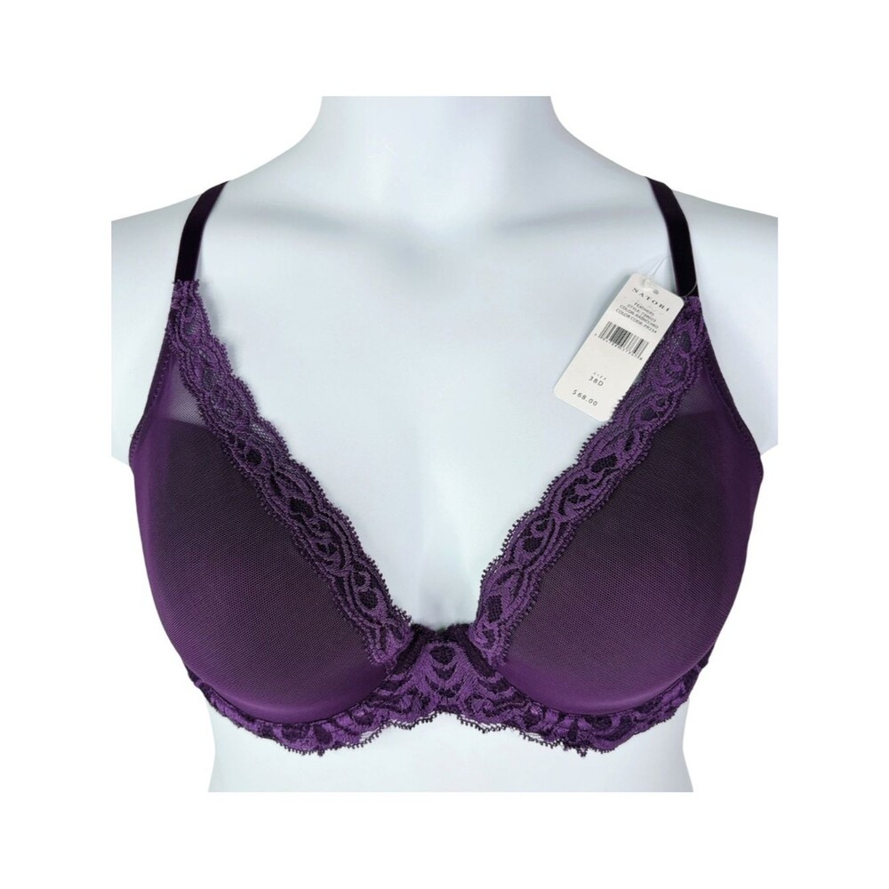 NWT Natori Feathers Lace Plunge Bra sz 38D * Rich Deep Purple Underwire Bra
